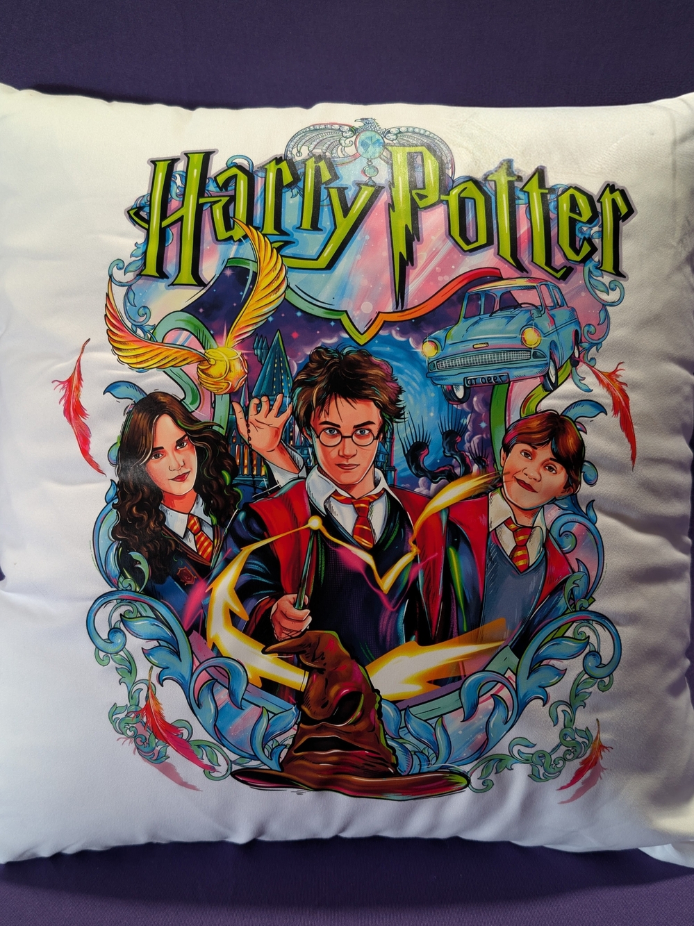 Harry Potter Illustrated Pillow White with Multicolor Print